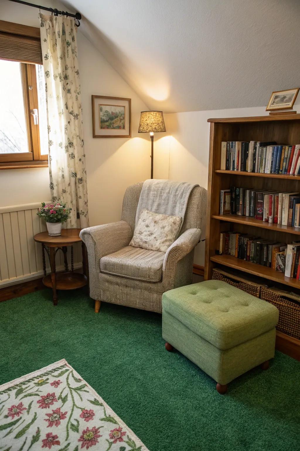 A snug reading space provides a relaxing escape, perfectly situated on the verdant floor covering.