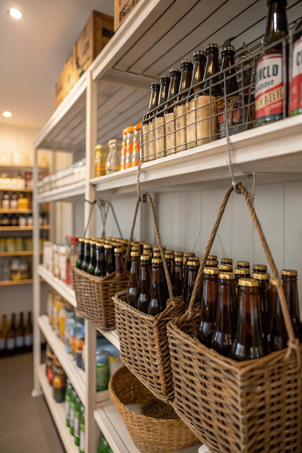 Pantry with dangling baskets safeguarding brew bottles in a quirky manner.