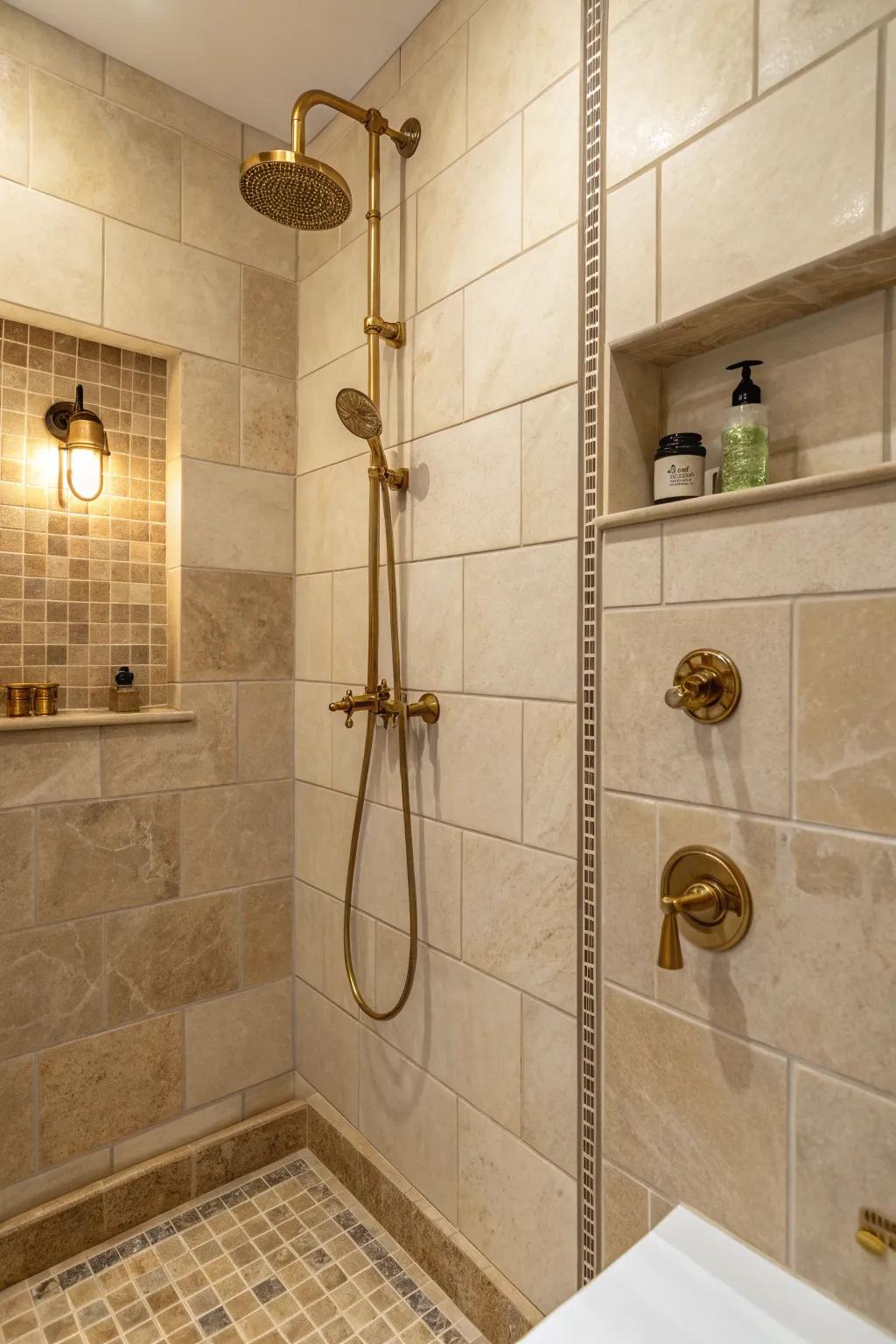 Brass fixtures elevate the sophistication of neutral squares.