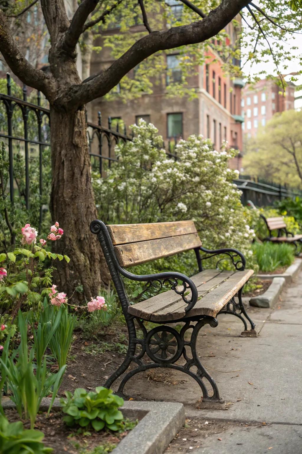 Industrial benches mix wood and metal for a modern aesthetic.