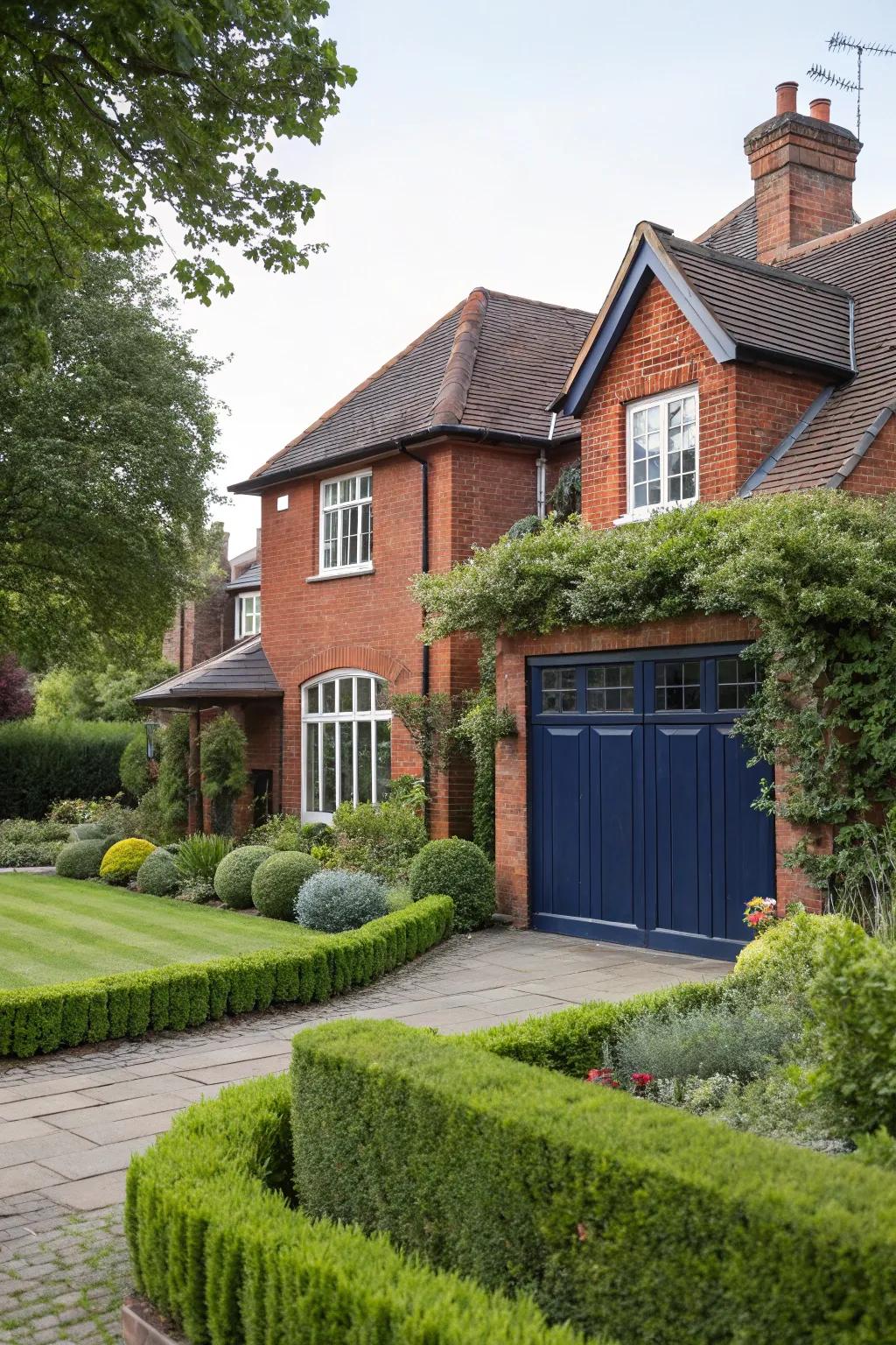 Sapphire garage doors add a timeless touch to red brick exteriors.