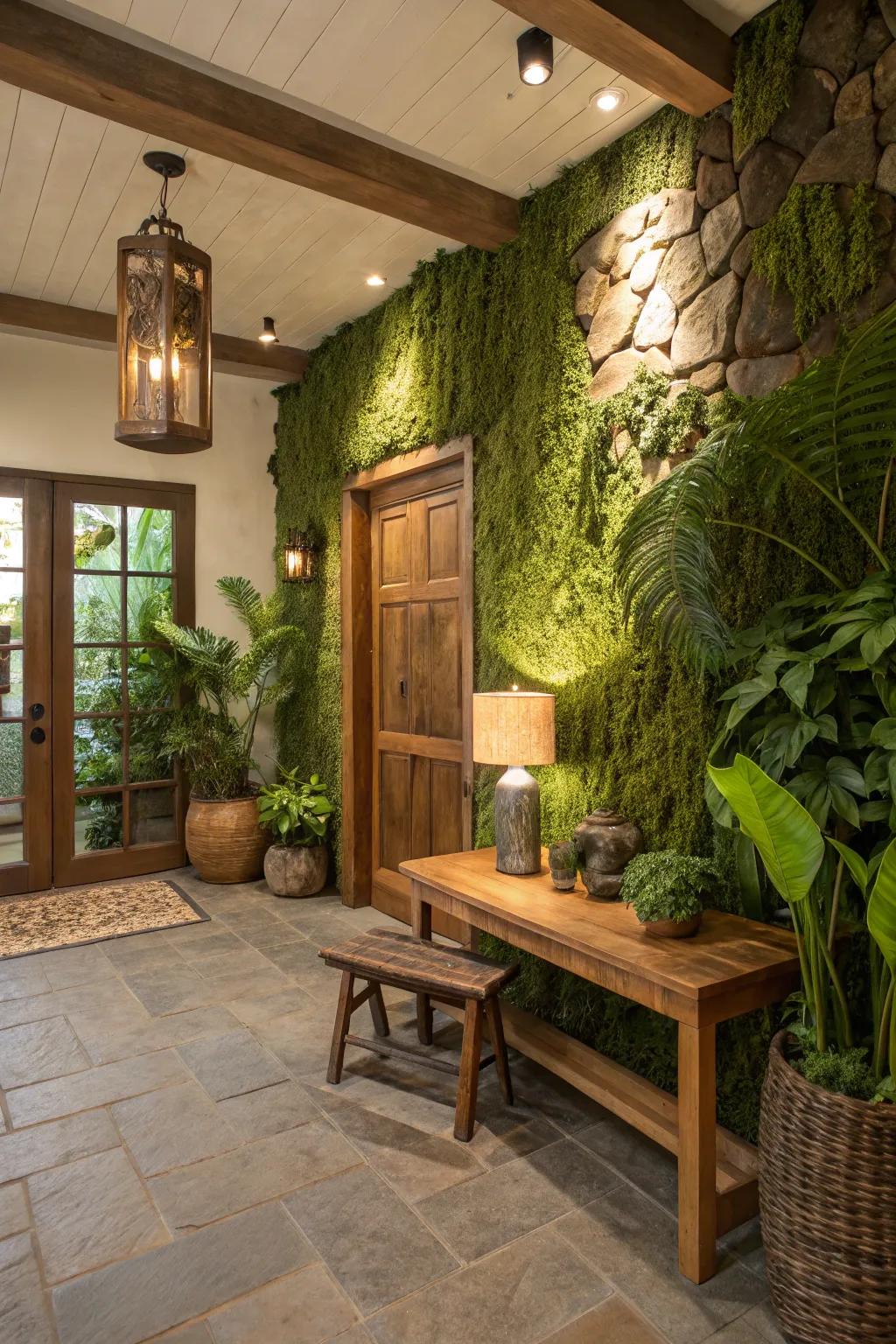 An inviting entryway with earthy moss green walls.