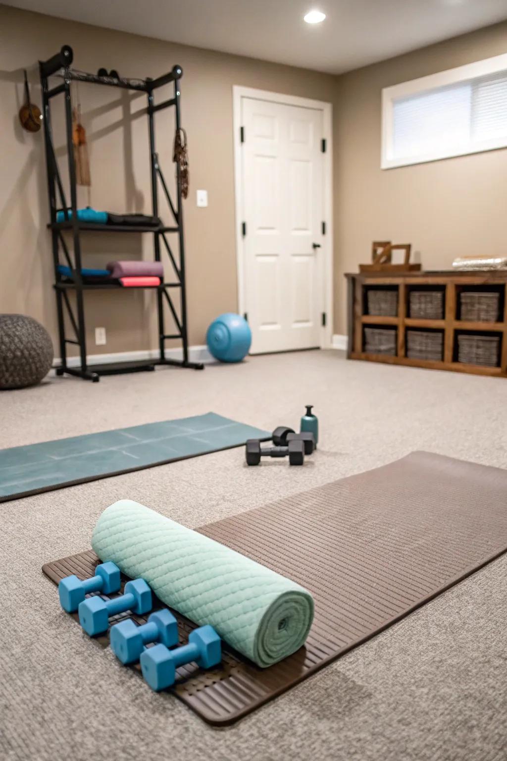 Carpet tiles establish a snug and versatile fitness environment.