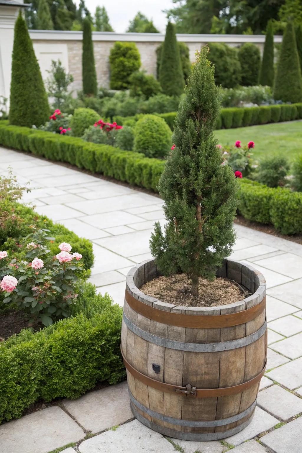 A stately dwarf conifer enhances the elegance of a whiskey barrel.