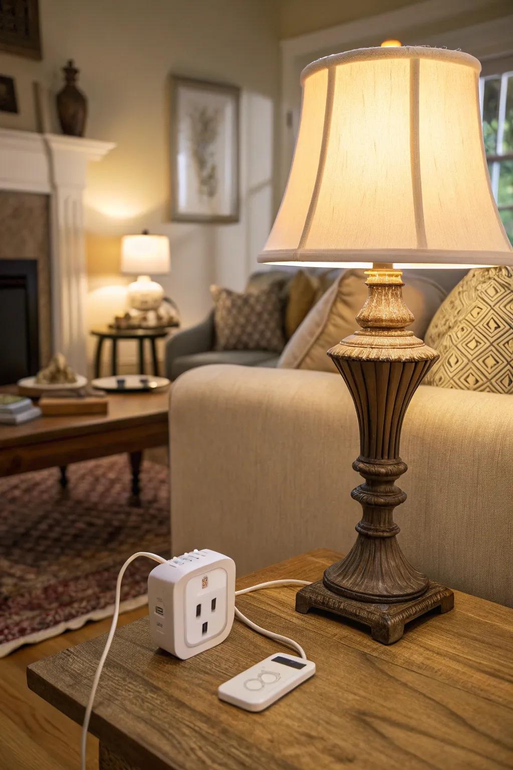 A smart outlet provides remote control for a designer lamp, integrating technology seamlessly into the living space.