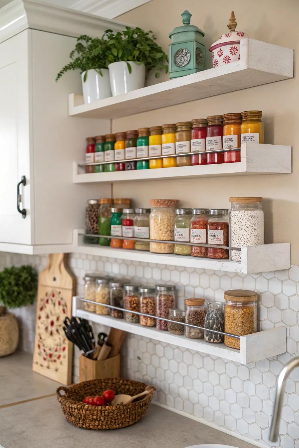 Floating shelves for a stylish spice exhibit.