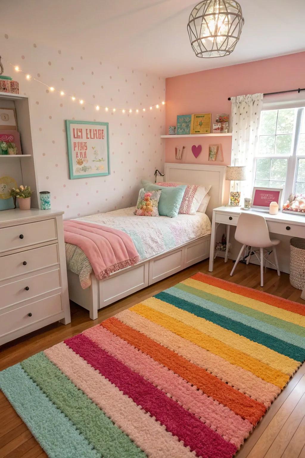 An eye-catching floor covering that connects the room's color scheme.