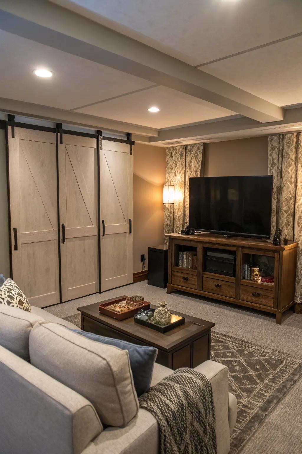 A concealed television maintains the room's tidy and uncluttered appearance.