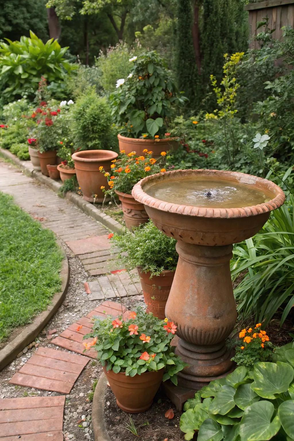 A terracotta bird spa nestled among similar pots, offering a rustic and harmonious garden look.