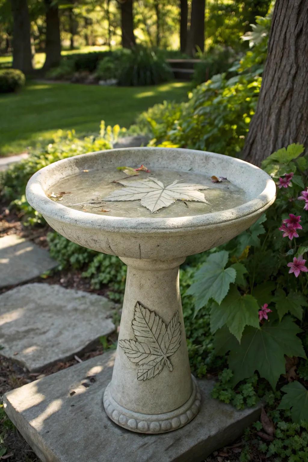 A foliage-imprinted bird bath combining art and nature.
