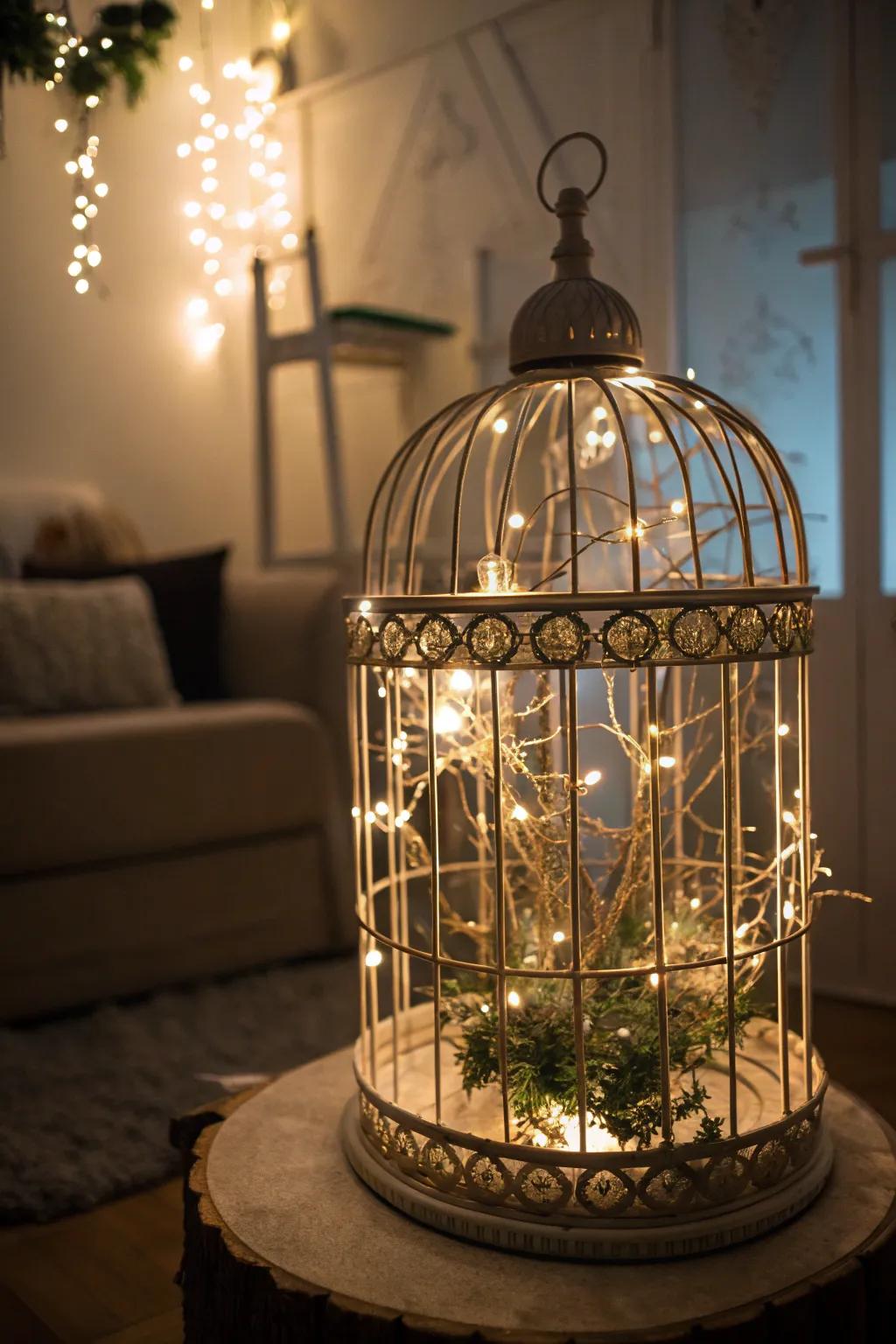 Fairy lights transform a bird cage into a bewitching feature.