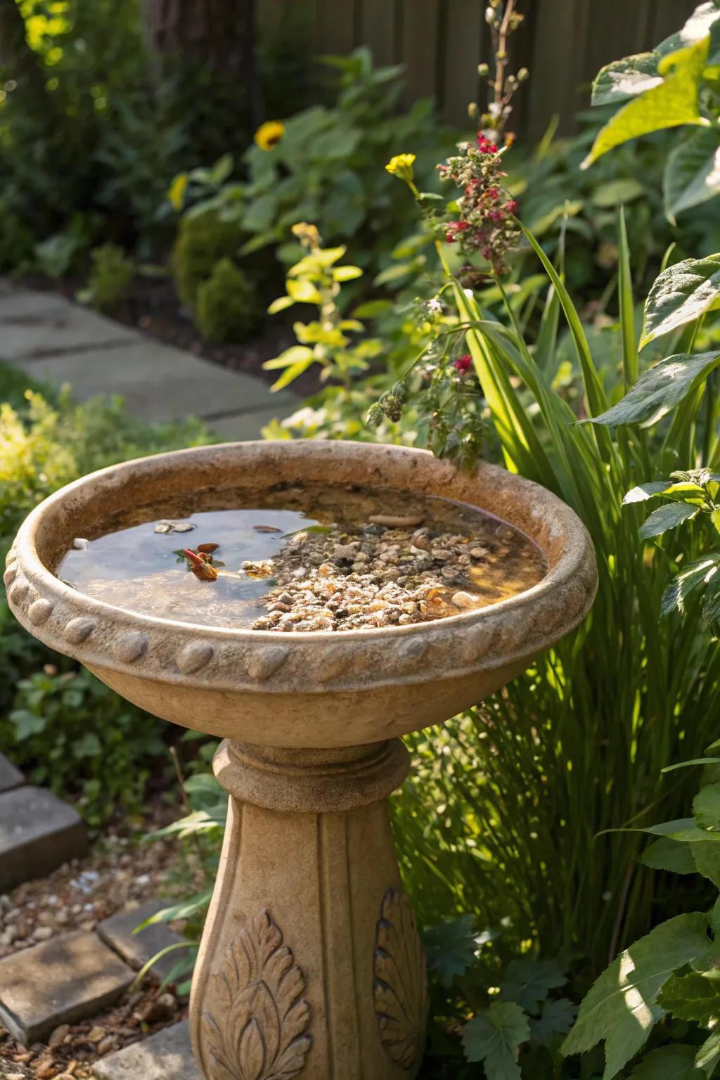 A dual-purpose ceramic feeder that offers both water and food to birds.