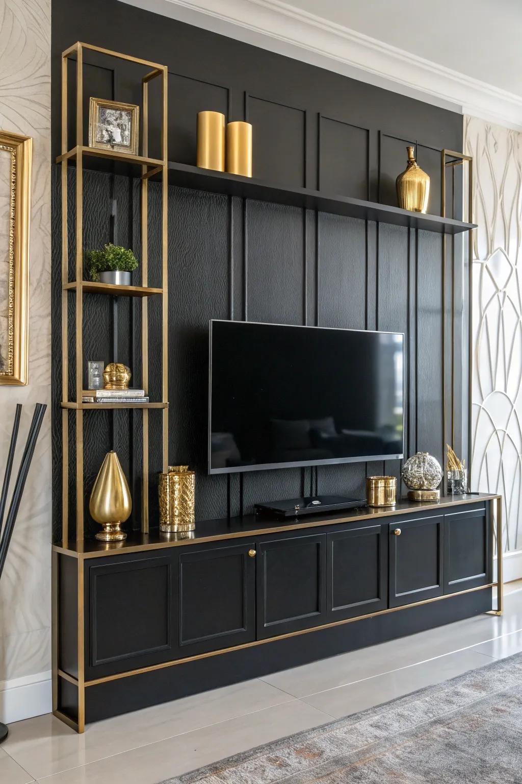 Metallic accents contribute a touch of glamour to a black accent wall.