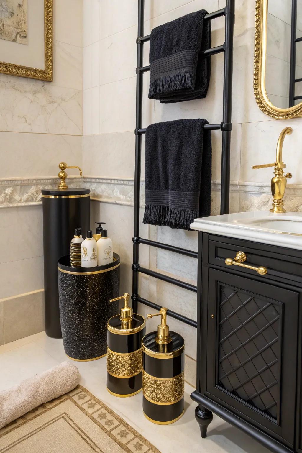 Black and gold accessories tie the theme together beautifully.