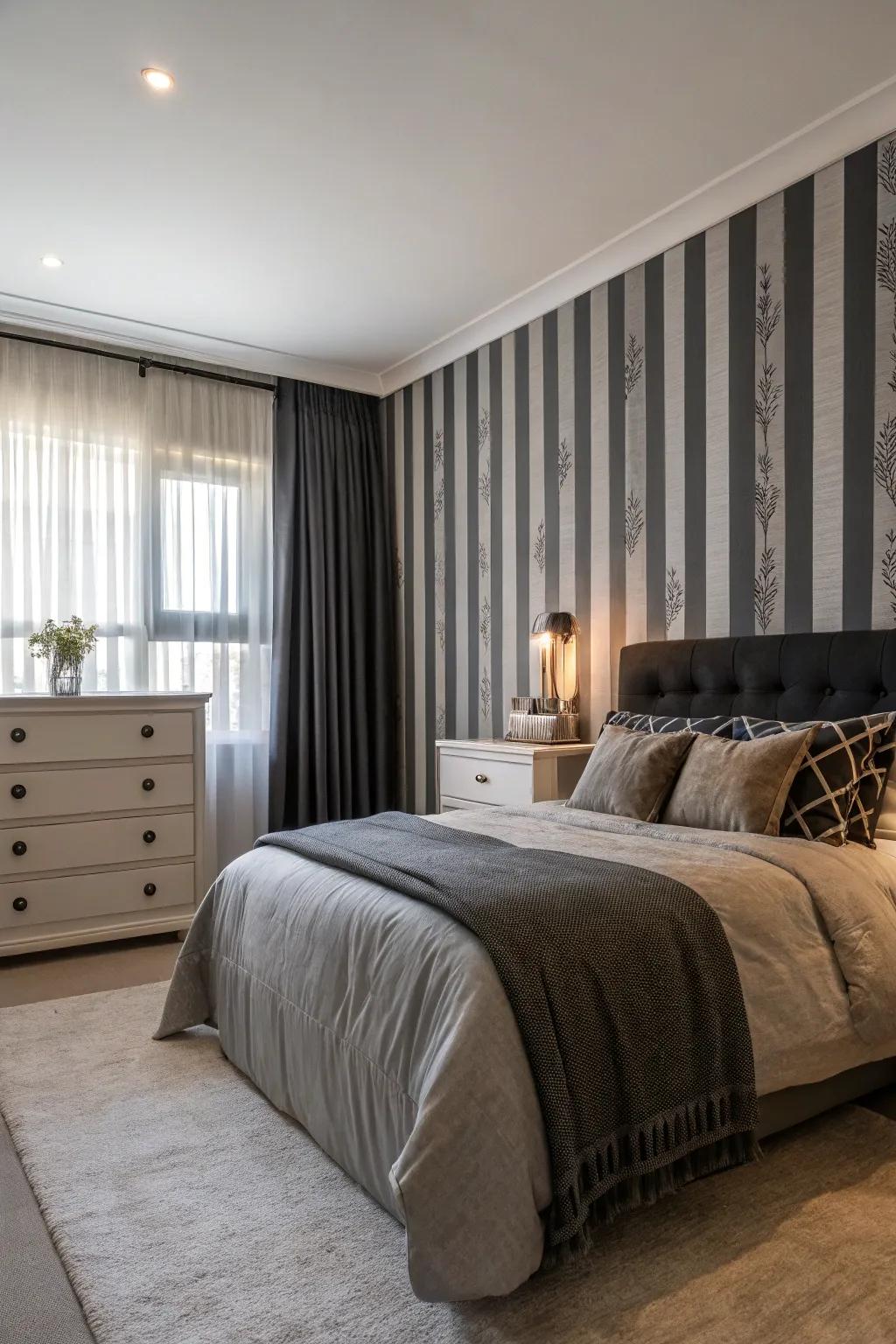 A bedroom with onyx and gray striped feature wallpaper.
