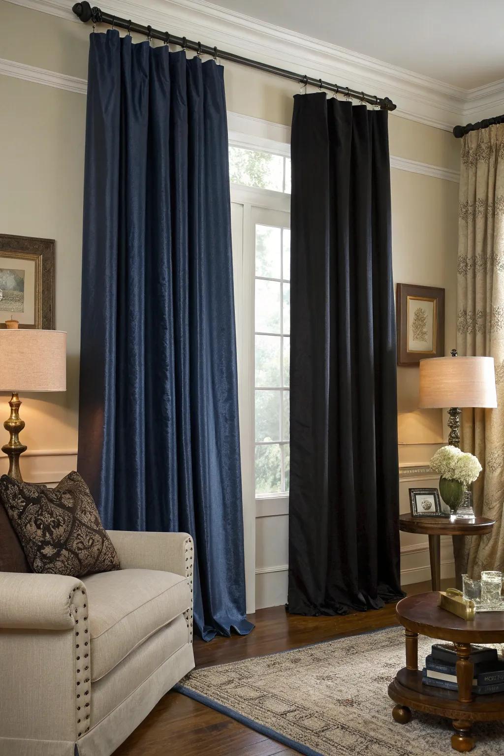 Dark blue and ebony window coverings add luxury and elegance.