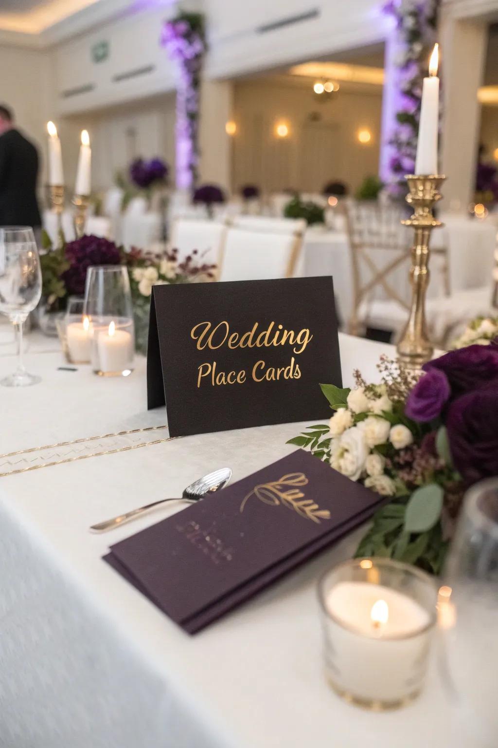 Themed place settings in onyx and violet.