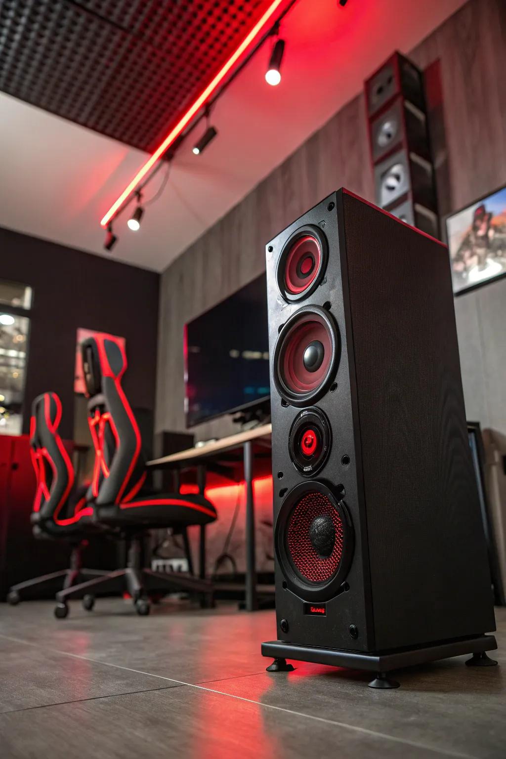 A sound setup with crimson accent lighting offers immersive audio for gaming.