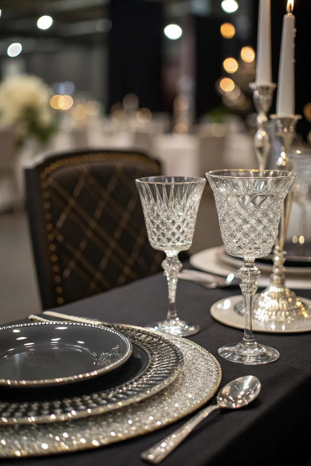 Clear glassware adds a luxurious sparkle to the table.