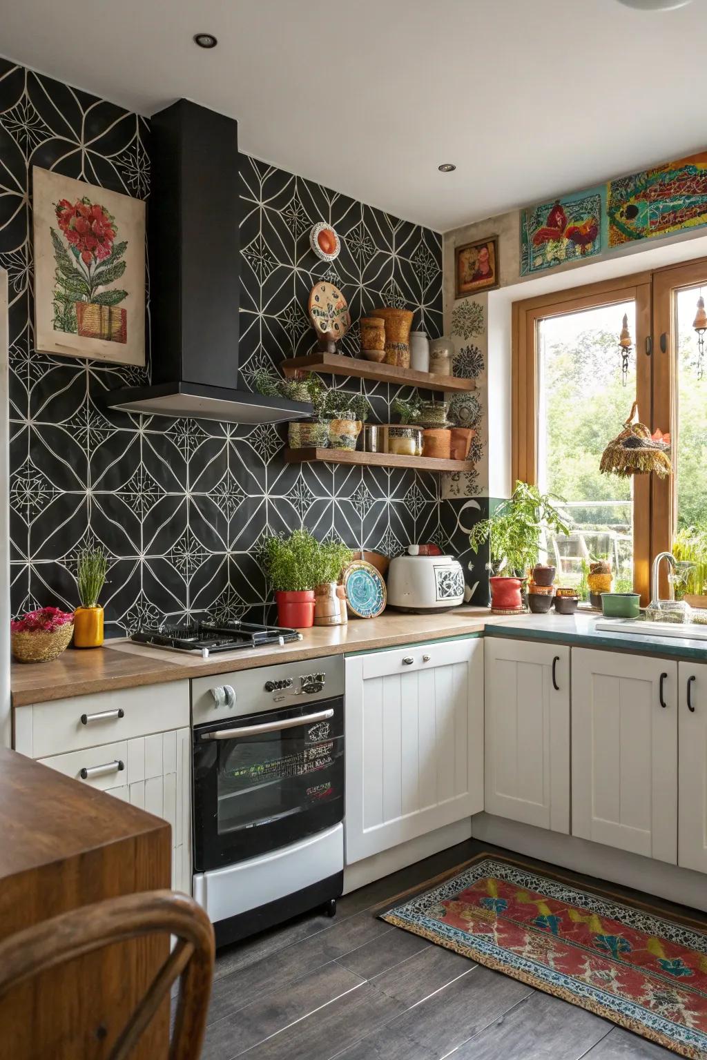 Artistic designs turn a dark backsplash into a unique point of interest in this cooking space.