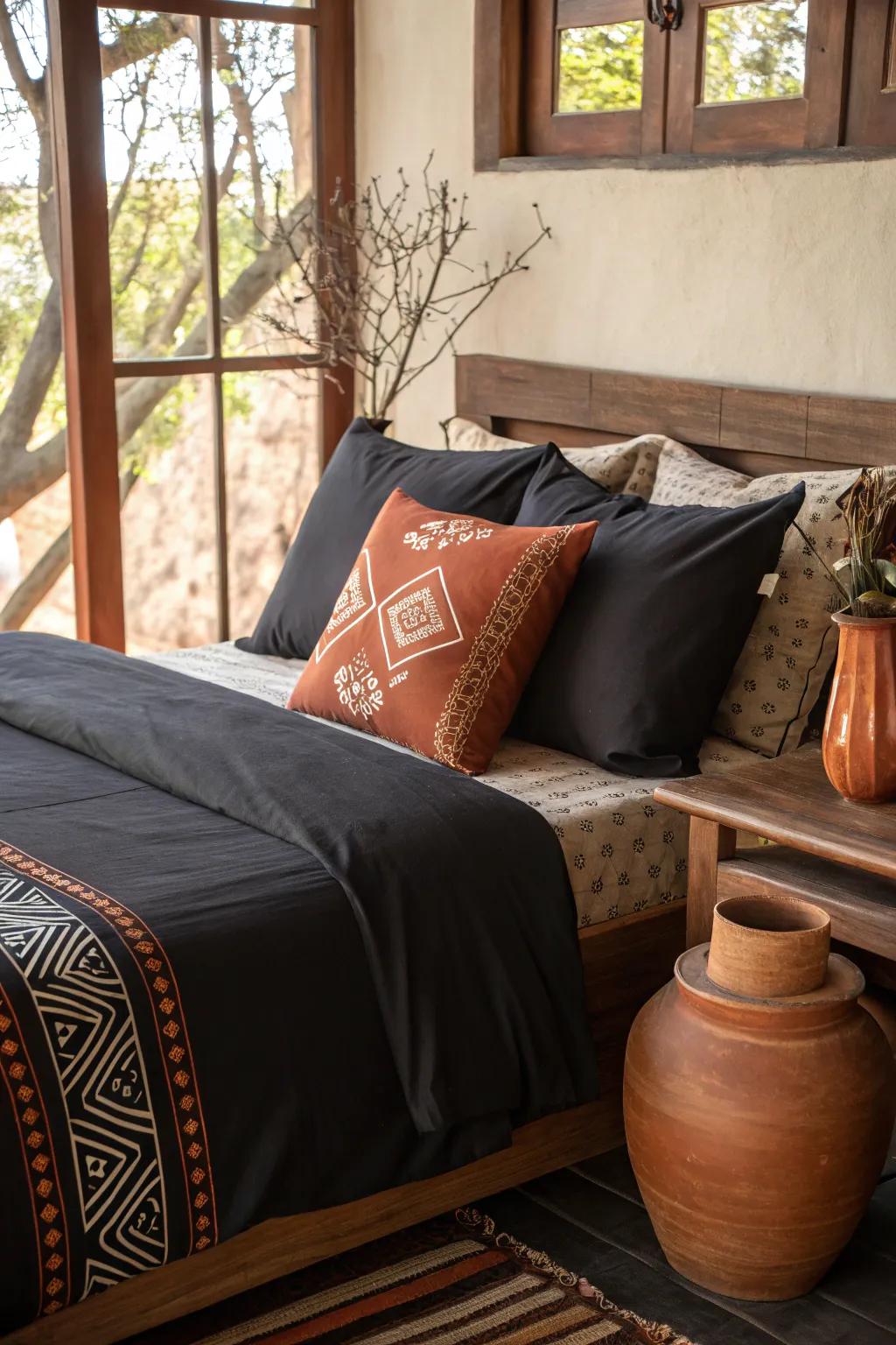 Grounding black bedding using earthy hues.