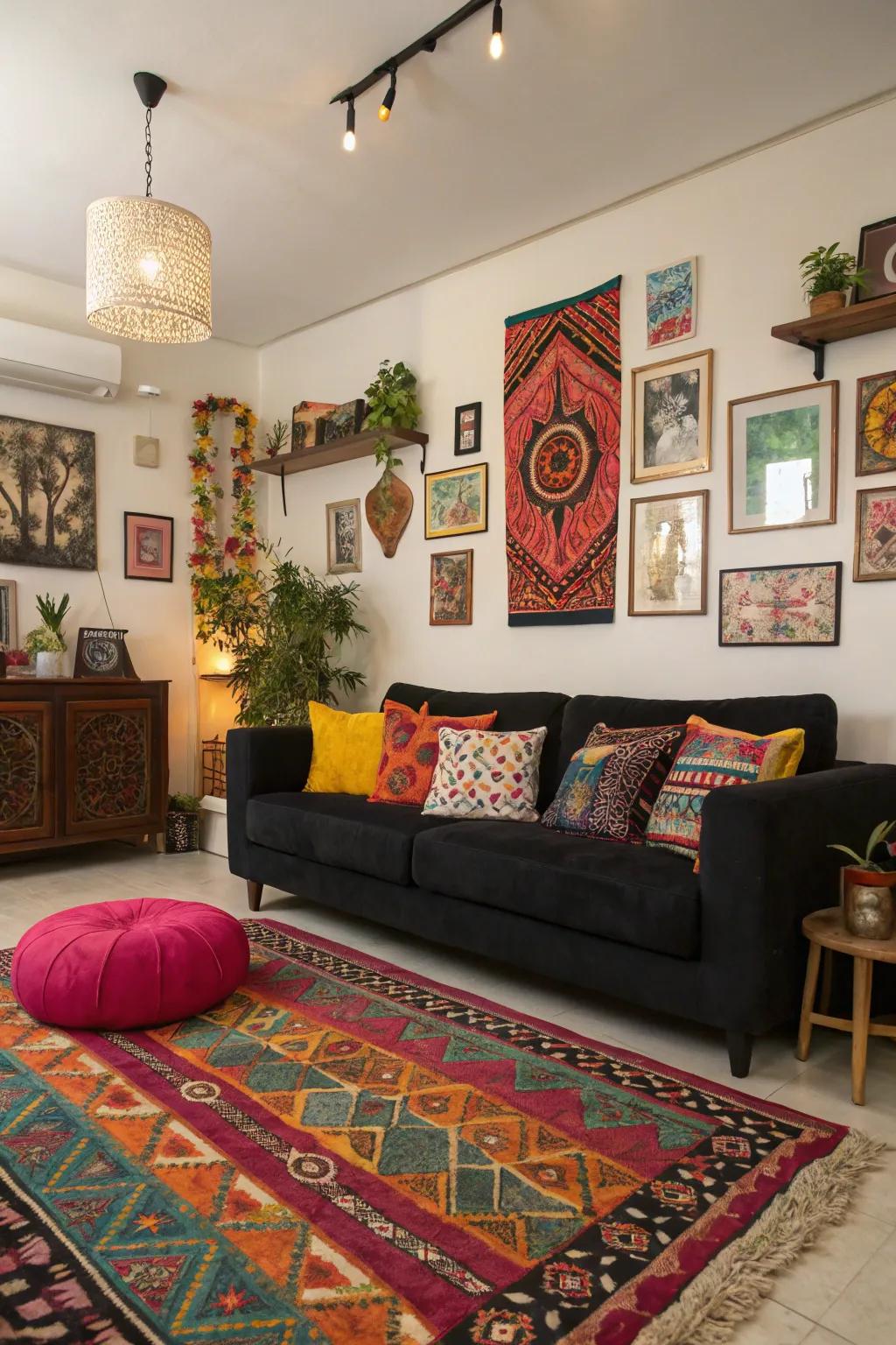 Varied designs enrich a dark sofa.