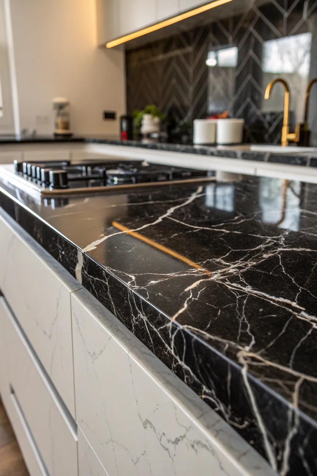 Marbled dark countertops infusing dimension and sophistication.