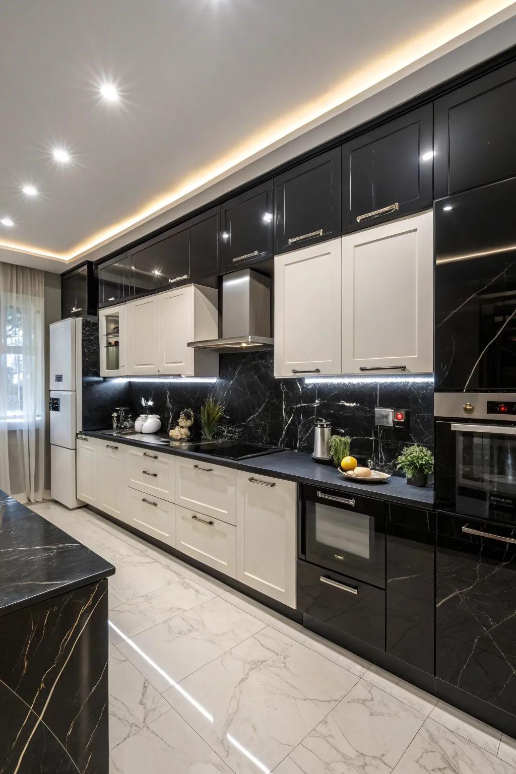 Monochrome palette with ebony worktops and cupboards.