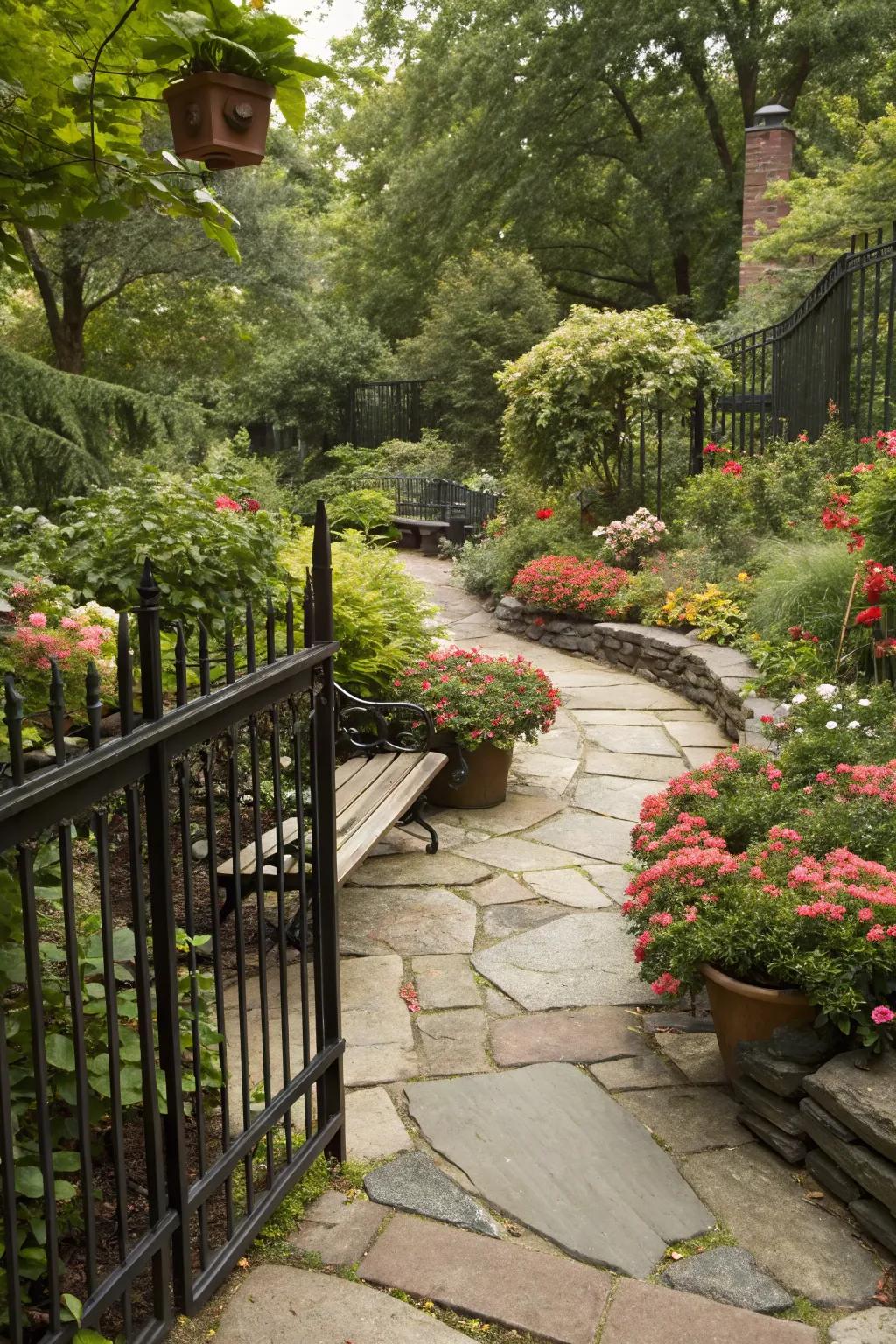 A countryside garden with a charming dark fence and stone pathways.