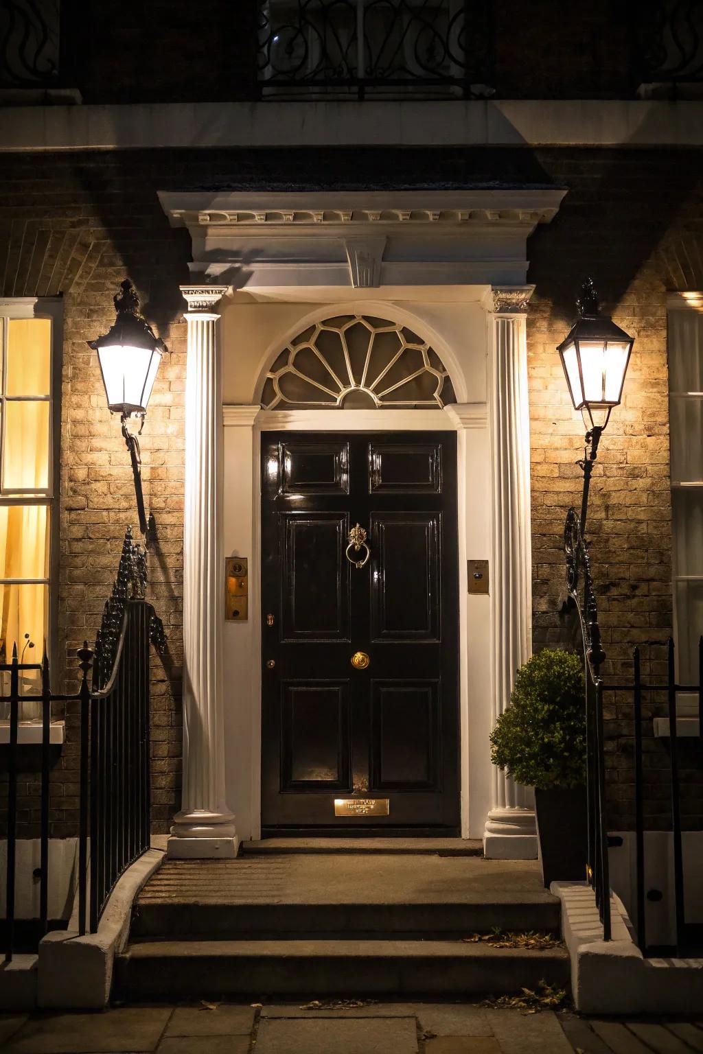 Lantern lighting enhances warmth and charm to a black door with white trim.