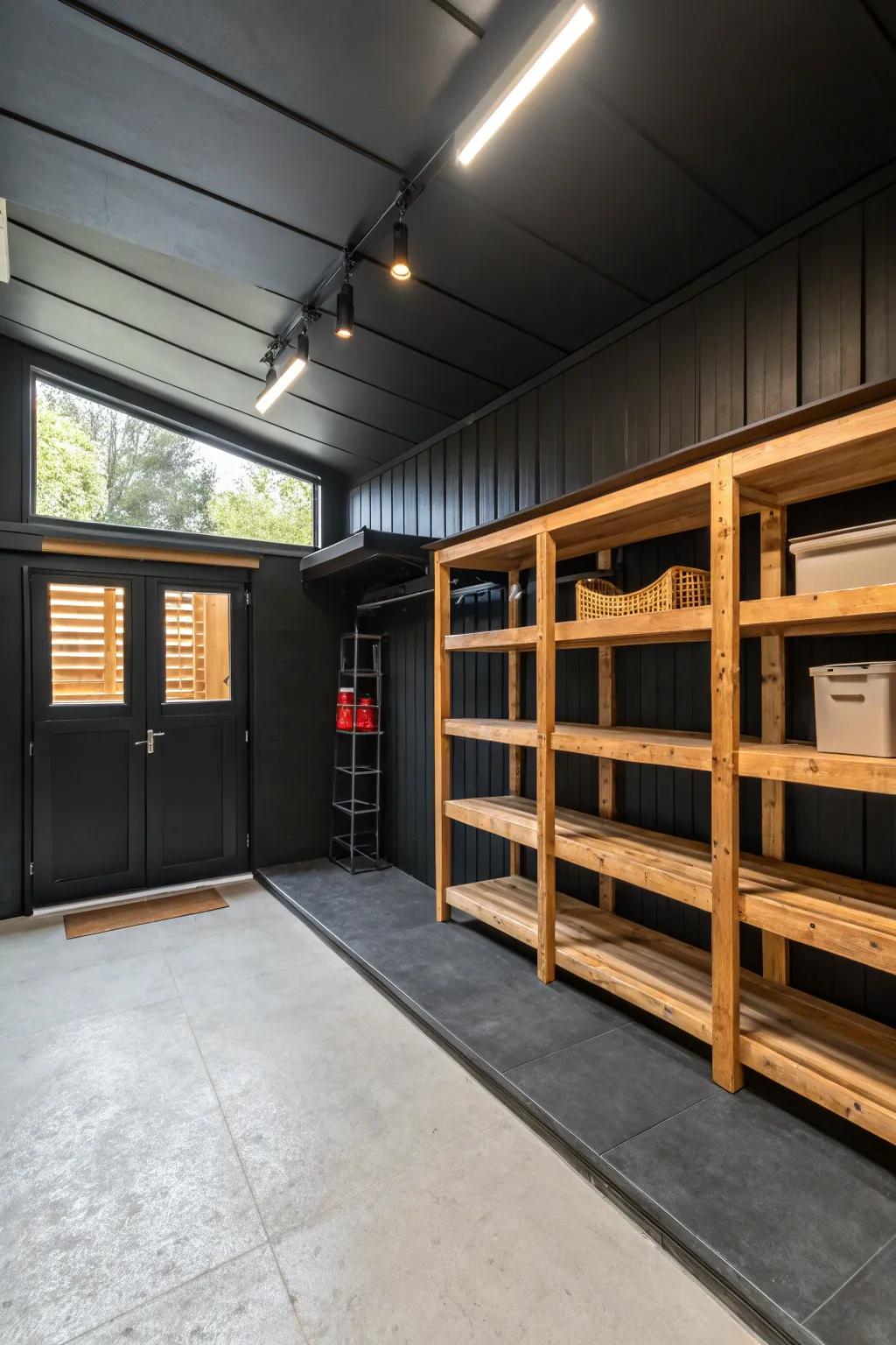 Natural wood features introduce warmth to the dark garage.