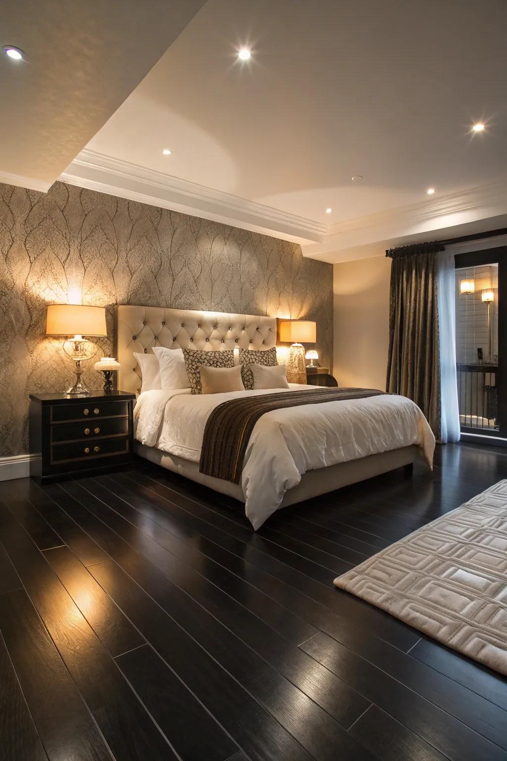 Dramatic yet serene bedroom with dark floors.