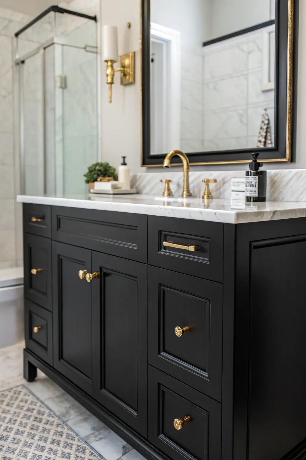 Copper details elevate a dark-toned vanity with a hint of timeless elegance.