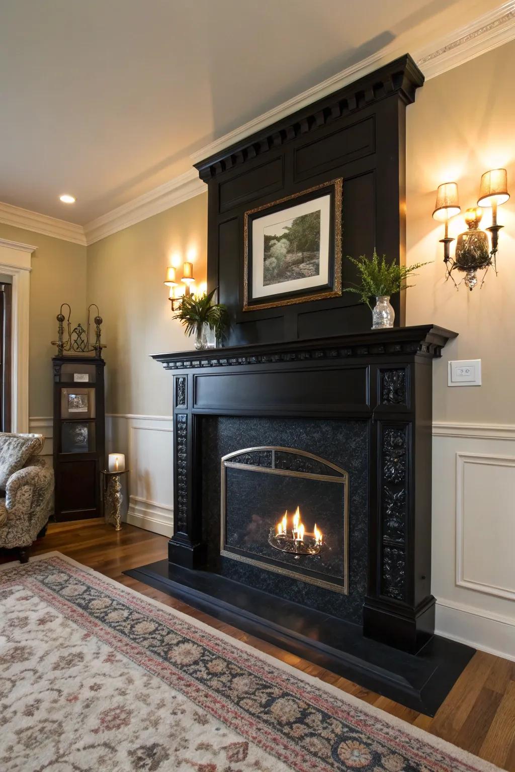 A dark-tinted hearth as the room's centerpiece.