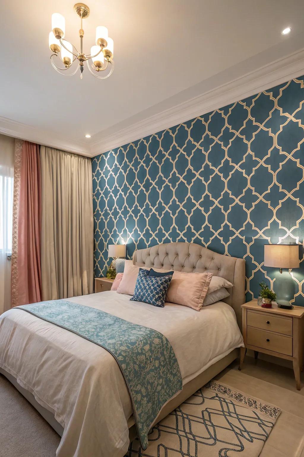 A highlight wall featuring a bold pattern introduces an unexpected element.