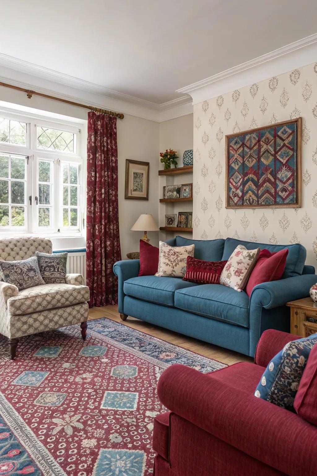 Pattern mixing within azure and crimson begets a visually energetic area.