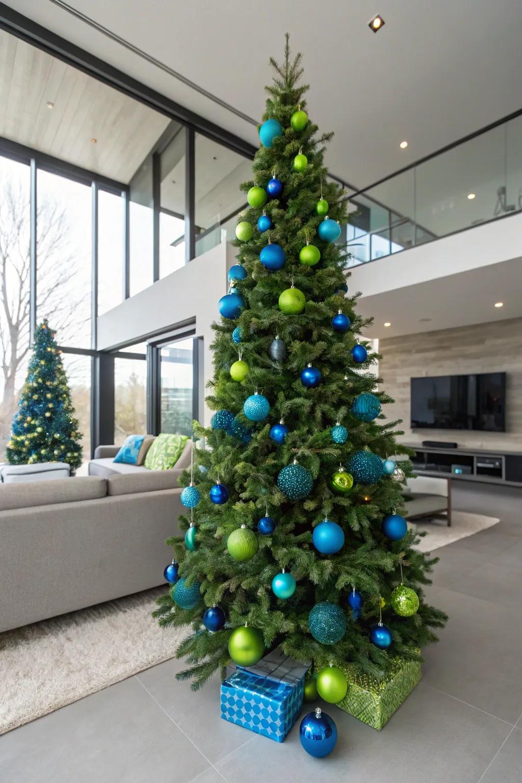 A tree featuring electric blue and neon green, making a bold and modern statement.