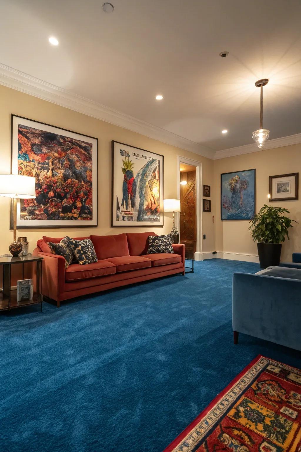 Statement art and blue carpet unite for a sophisticated, artful dwelling.