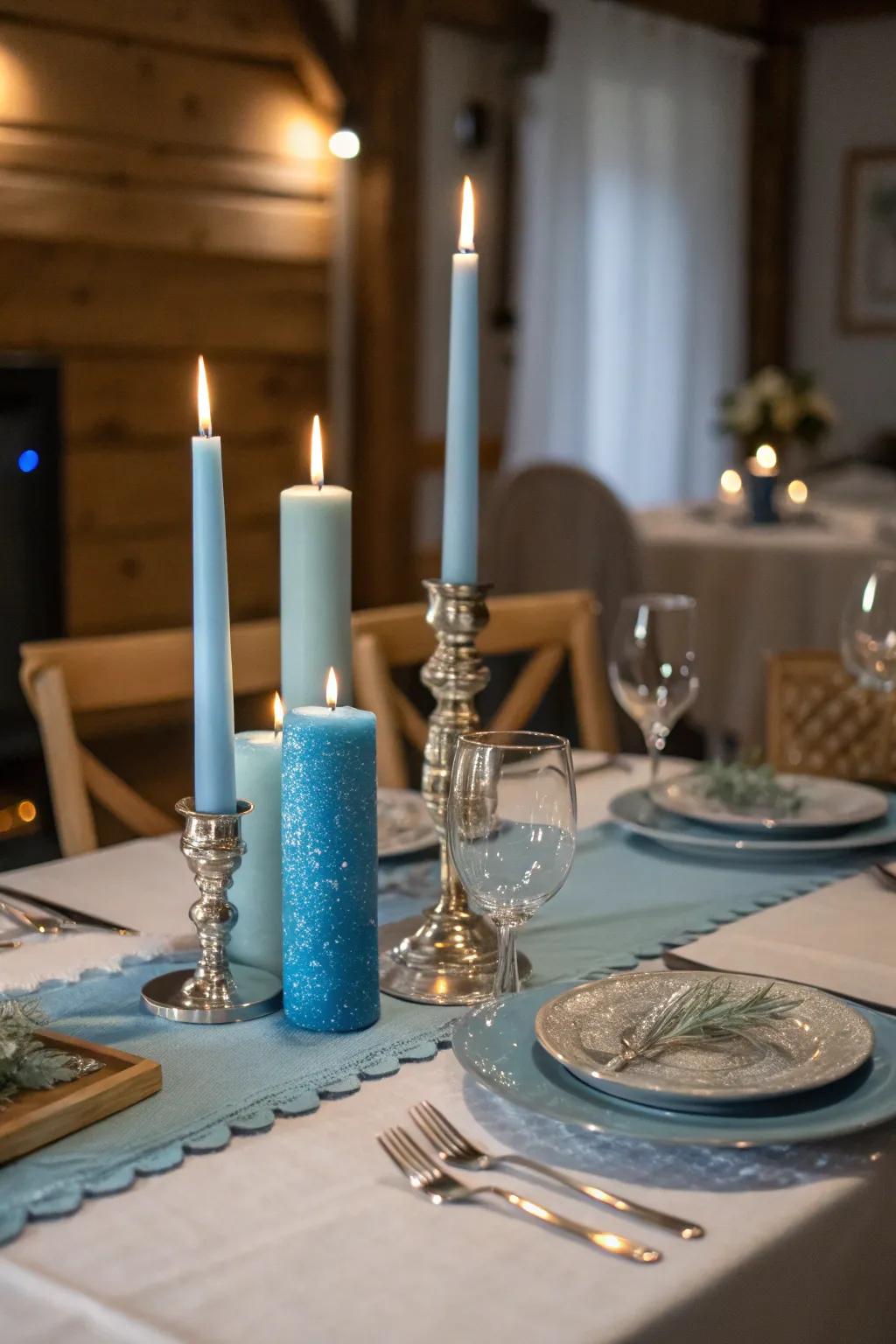An azure light focal point imparts grace to your holiday table.
