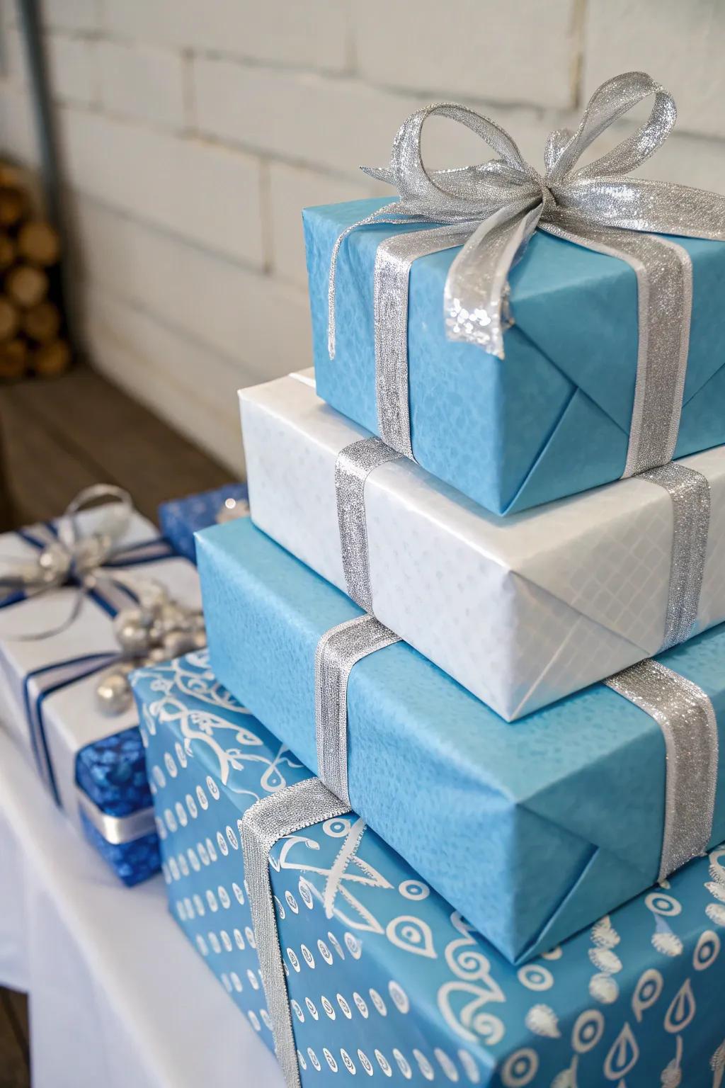 Chic azure and alabaster Christmas present wrapping