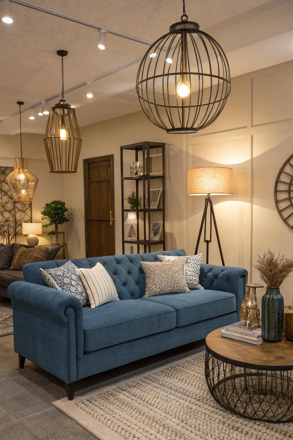 Strategic lighting highlights the color and texture of a sapphire sofa.