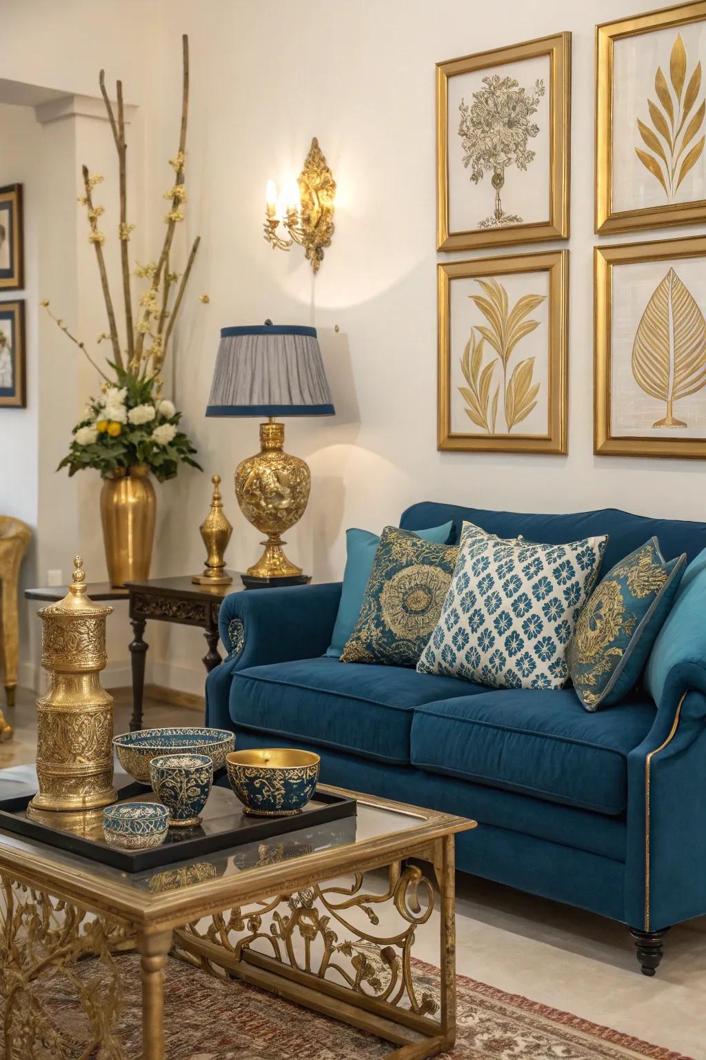 A luxurious living area highlighted with azure and gilded decorations.
