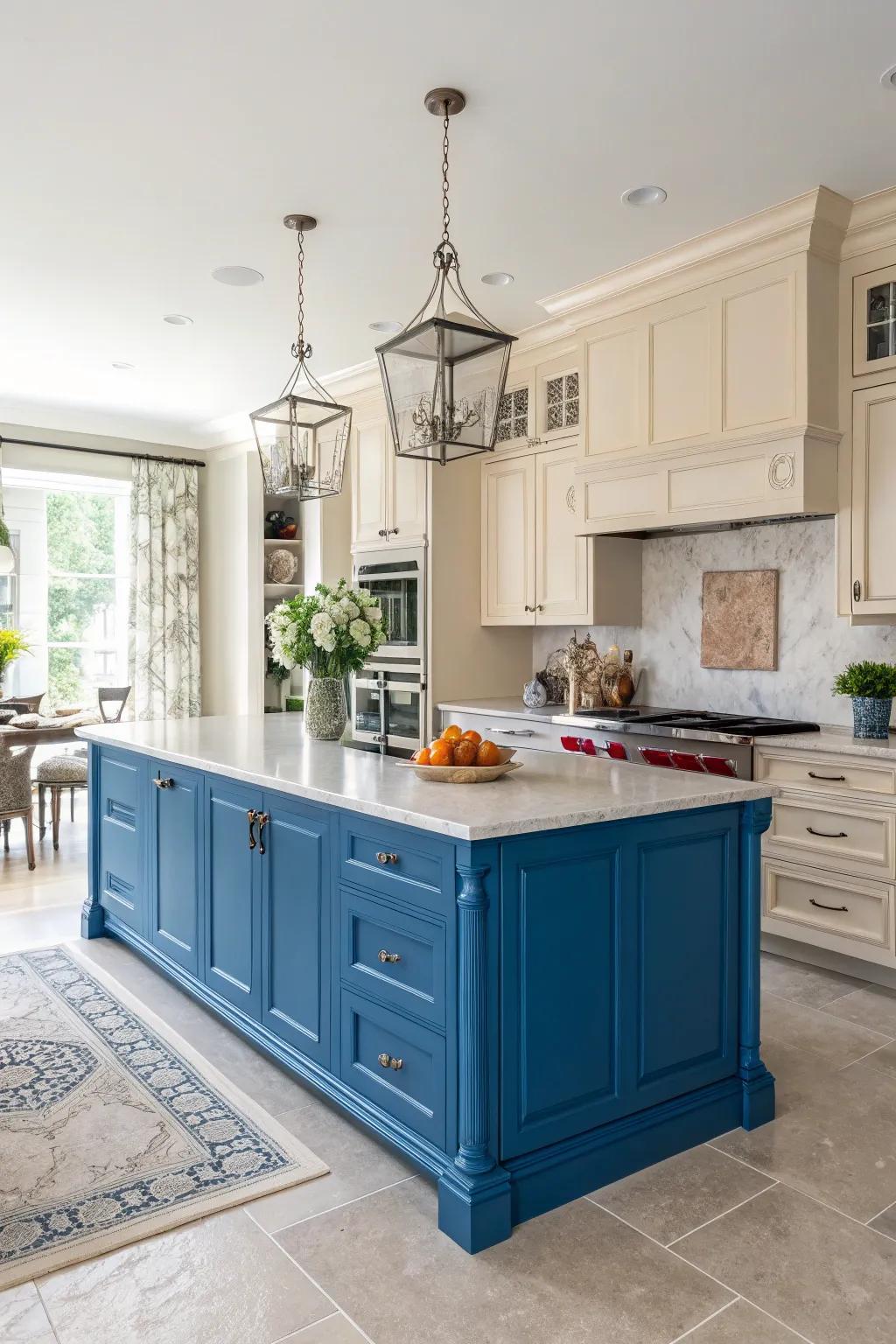 A vibrant azure cooking space islet functions as an eye-catching vanguard within a neutral cooking space.
