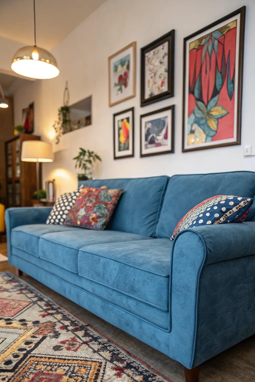 Bold art makes a statement above a sapphire loveseat.