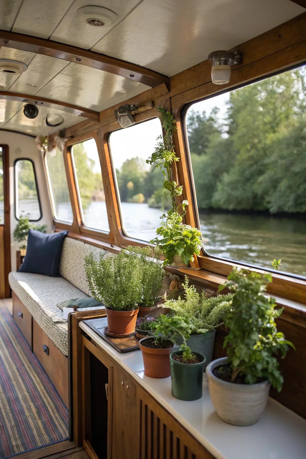 Small plants include a touch of nature and freshness to the boat.