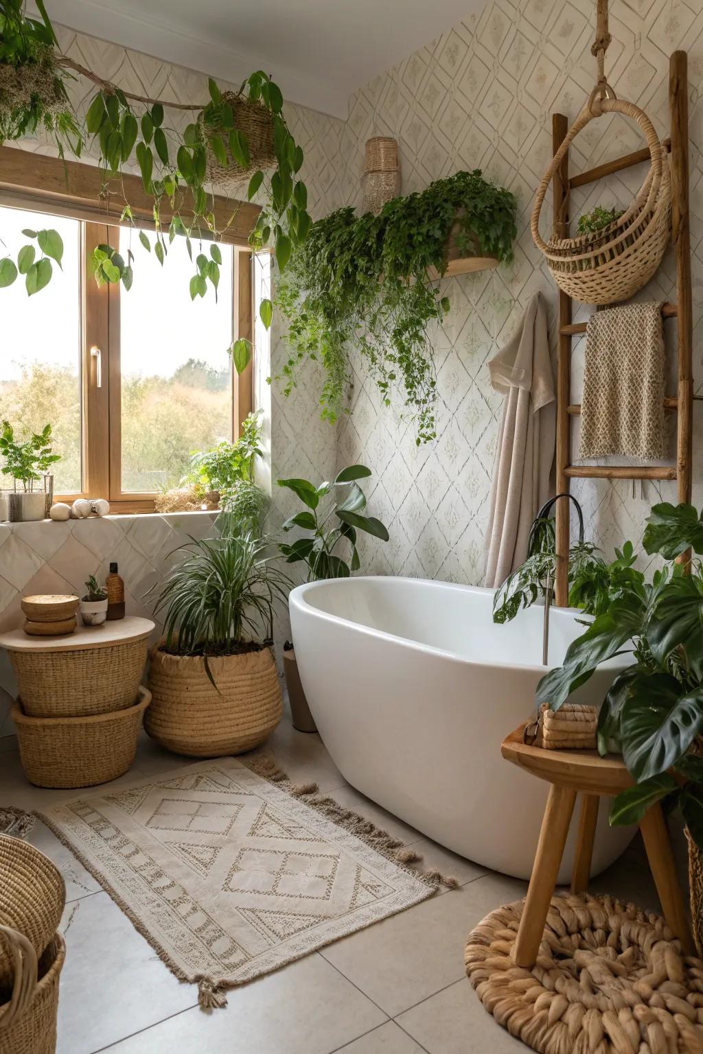 A lavish boho bathroom showcasing a freestanding bath.