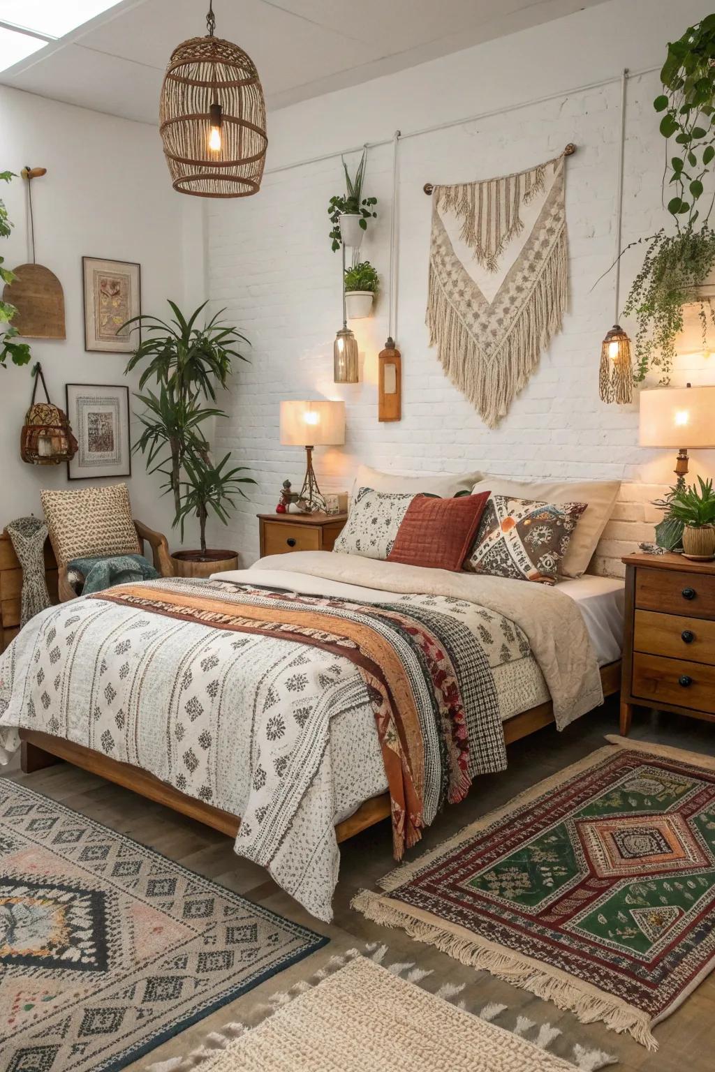 Vintage furniture and design creates depth to a boho bedroom.