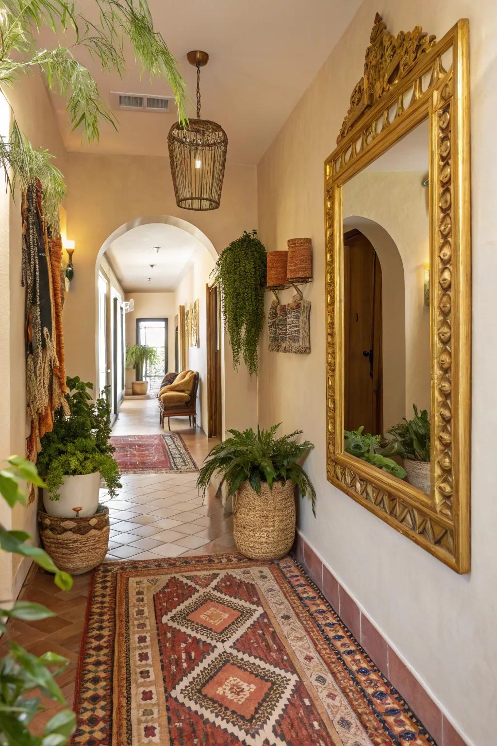 A bohemian hallway featuring a touch of gold elegance.