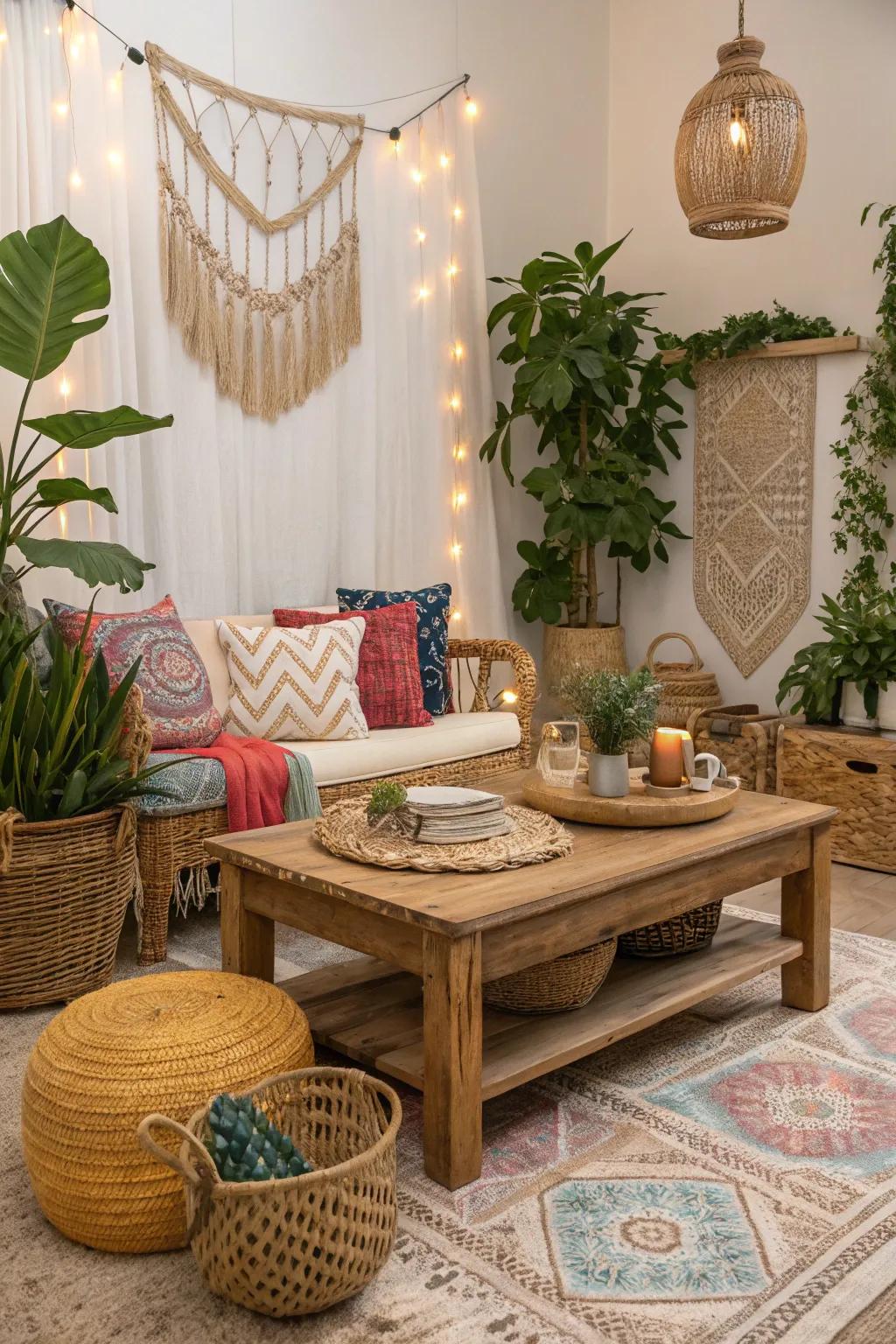 Natural wood elements bring warmth and grounding to the free-spirited glamorous look.