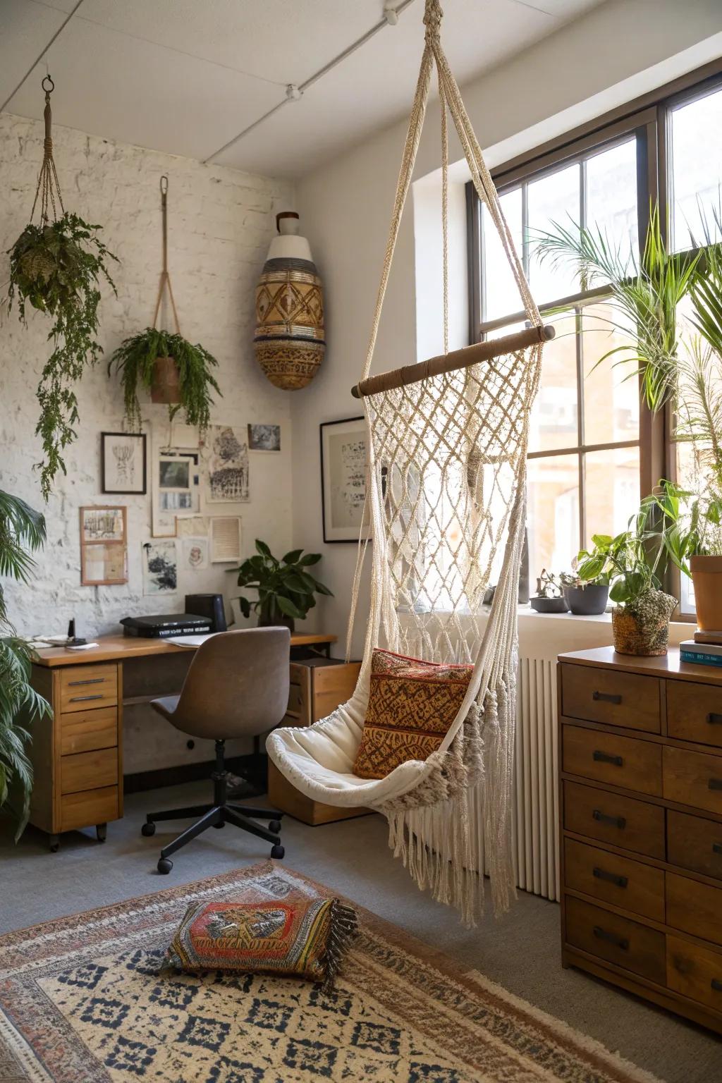 An unconventional hanging chair adds a playful touch to the office.